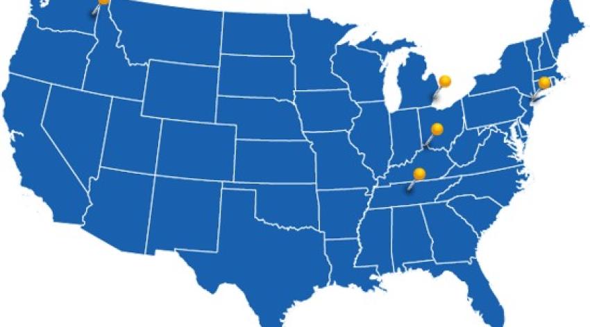 A map of the United States with pins on the states where the grant awardees are located.