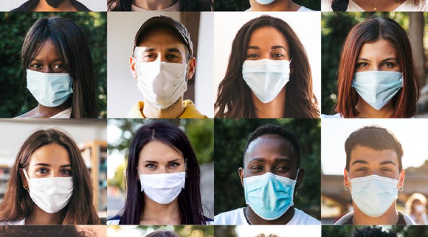 Diverse group of people portraits with surgical masks.